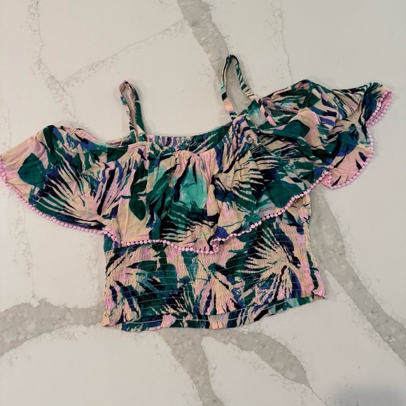 Torrid NWT Crinkle Gauze Cold Shoulder Top Womens 1 Pink/Green Tropical Palm - Picture 7 of 9